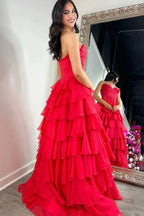 Fashion Strapless Sleeveless A-Line Tiered Split Long Prom Dress