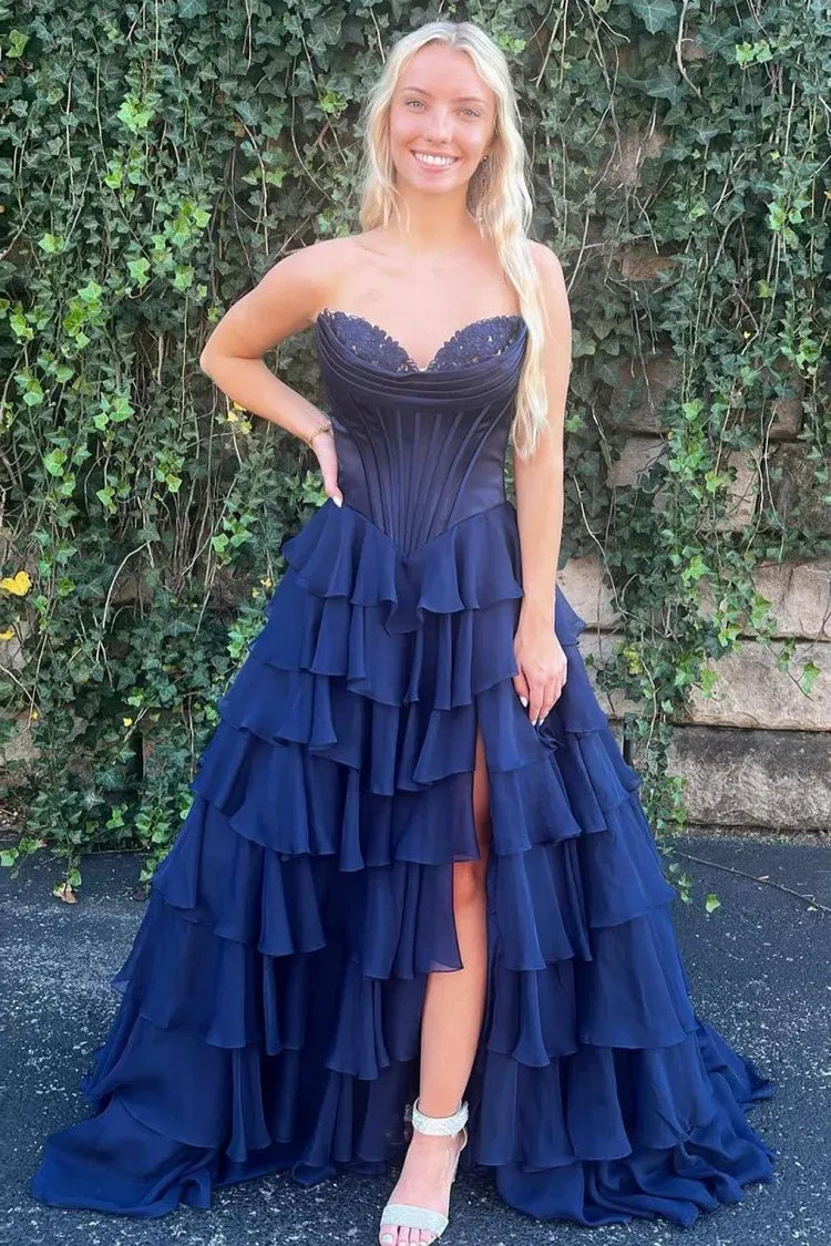 Fashion Strapless Sleeveless A-Line Tiered Split Long Prom Dress