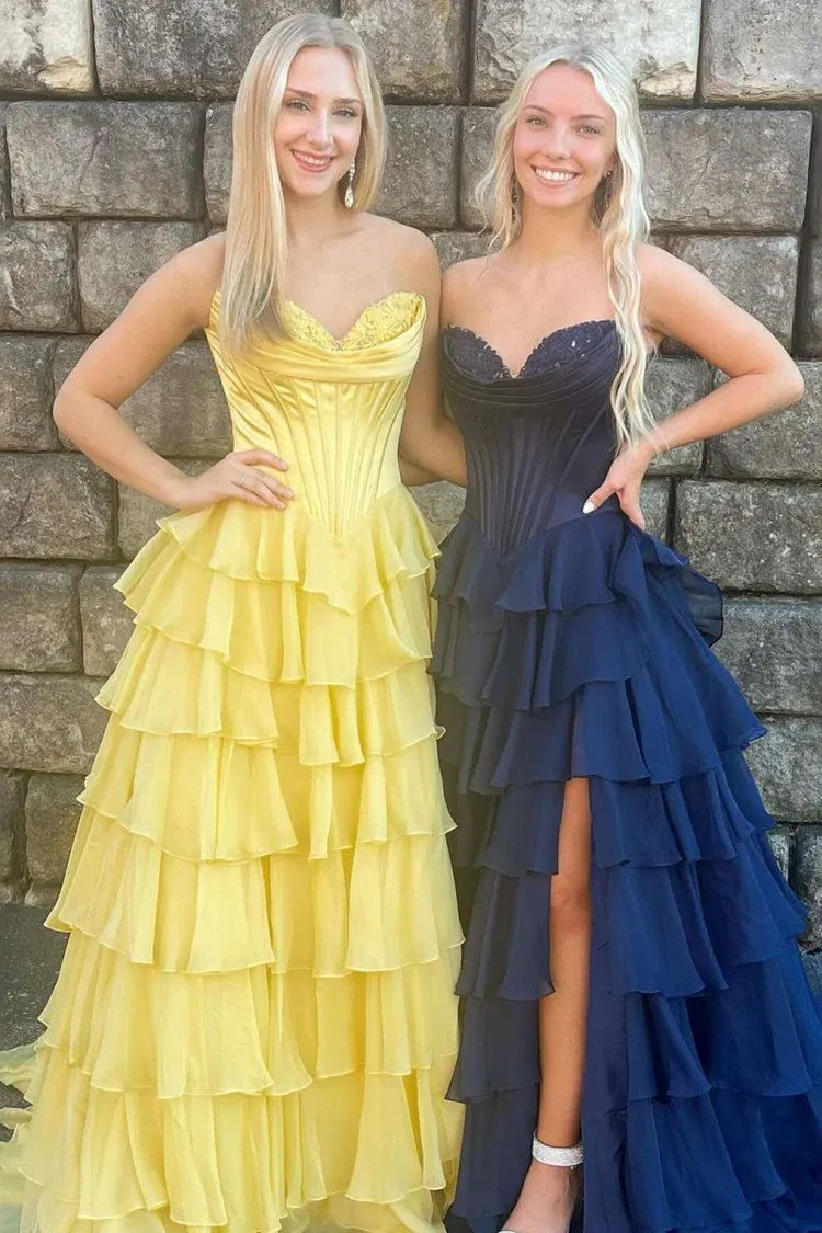 Fashion Strapless Sleeveless A-Line Tiered Split Long Prom Dress