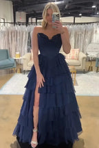 Fashion Strapless Sleeveless A-Line Tiered Split Long Prom Dress