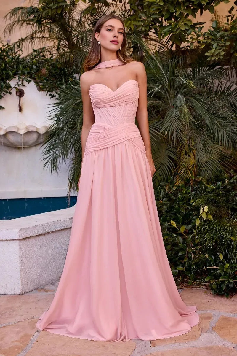 Fashion Strapless Sleeveless A-Line Pleated Sweep Train Prom Dress