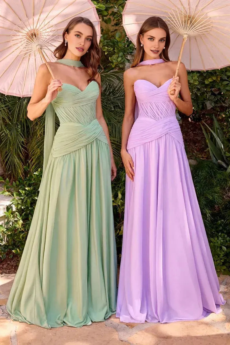 Fashion Strapless Sleeveless A-Line Pleated Sweep Train Prom Dress