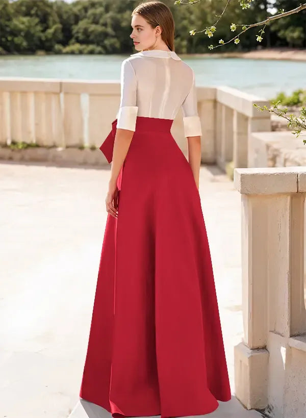 Fashion V-Neck 1/2 Sleeves A-Line Bow Floor-Length Evening Dress