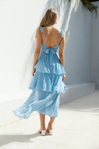 Blue Fashion V Neck Pleated Ruffle Thick Straps Ankle-Length Dress A-Line Sleeveless Solid Color Tiered Prom Dress With Slit