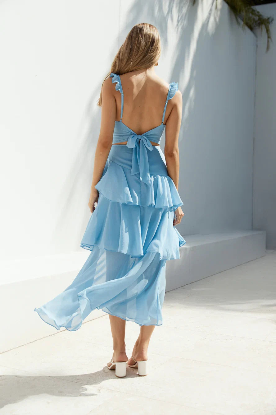 Blue Fashion V Neck Pleated Ruffle Thick Straps Ankle-Length Dress A-Line Sleeveless Solid Color Tiered Prom Dress With Slit