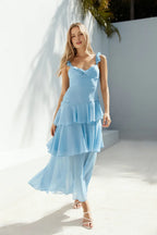 Blue Fashion V Neck Pleated Ruffle Thick Straps Ankle-Length Dress A-Line Sleeveless Solid Color Tiered Prom Dress With Slit