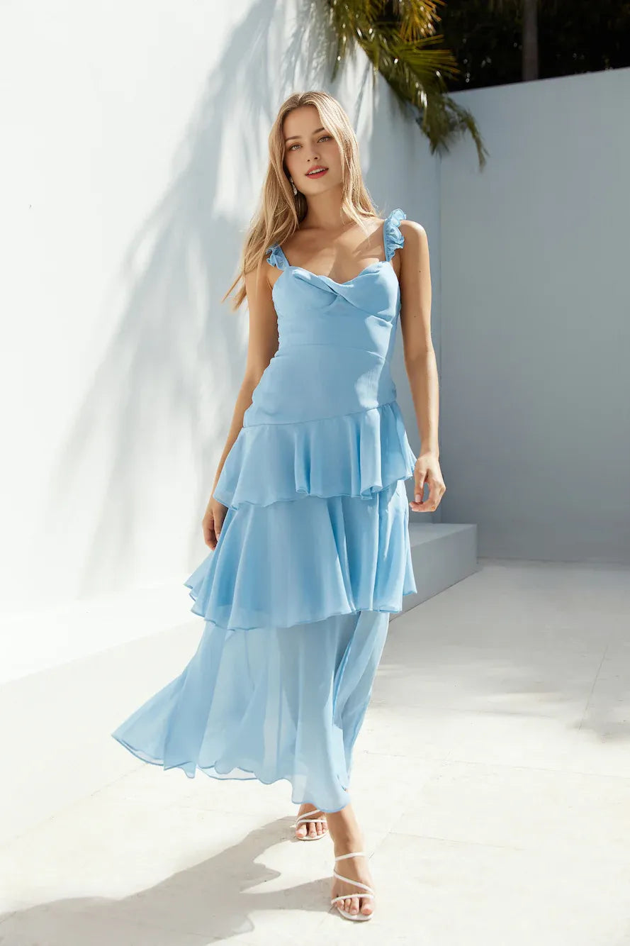 Blue Fashion V Neck Pleated Ruffle Thick Straps Ankle-Length Dress A-Line Sleeveless Solid Color Tiered Prom Dress With Slit