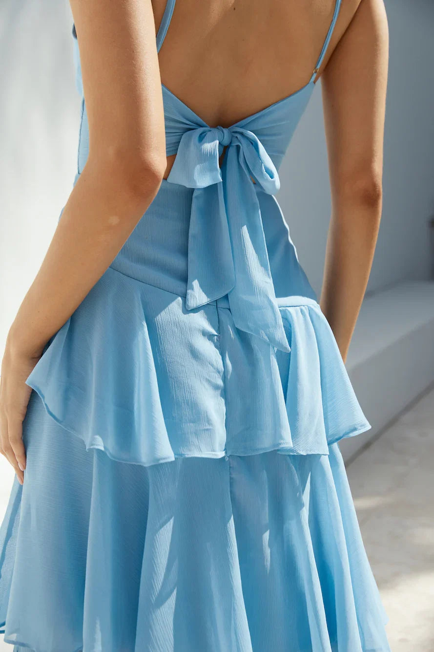 Blue Fashion V Neck Pleated Ruffle Thick Straps Ankle-Length Dress A-Line Sleeveless Solid Color Tiered Prom Dress With Slit