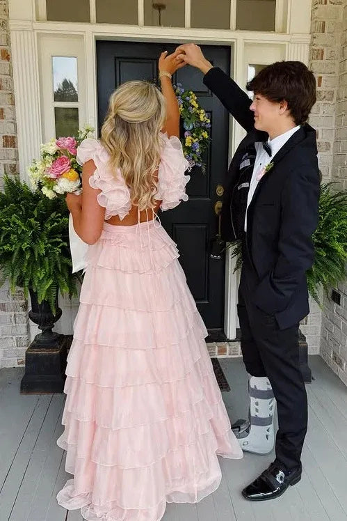 Fashion V Neck Sleeveless A-Line Empire Tiered Ruffled Long Prom Dress
