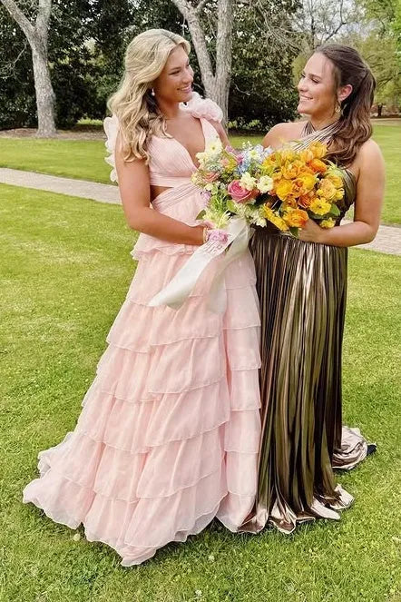 Fashion V Neck Sleeveless A-Line Empire Tiered Ruffled Long Prom Dress