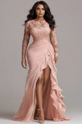 Fashion Mermaid Round Neck Long Sleeve Split Chiffon Blush Pink Floor Length Prom Dress