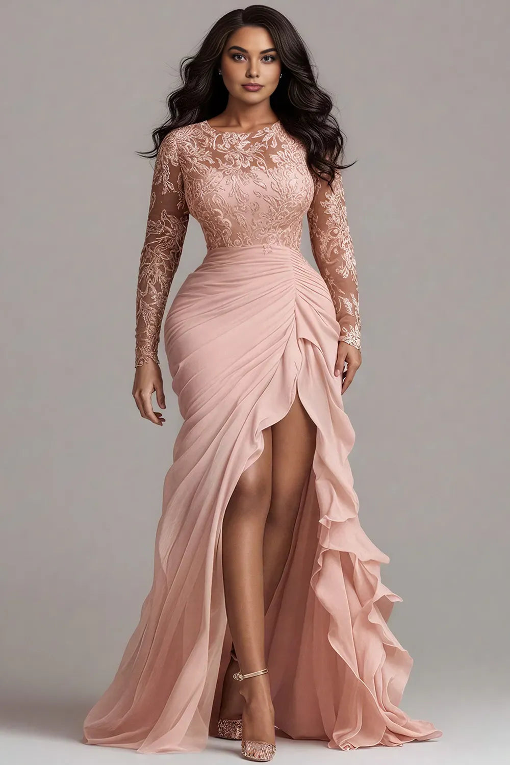 Fashion Mermaid Round Neck Long Sleeve Split Chiffon Blush Pink Floor Length Prom Dress