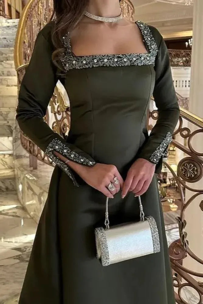 Fashion Square Neck Long Sleeves A-Line Pleated Floor-Length Evening Dress
