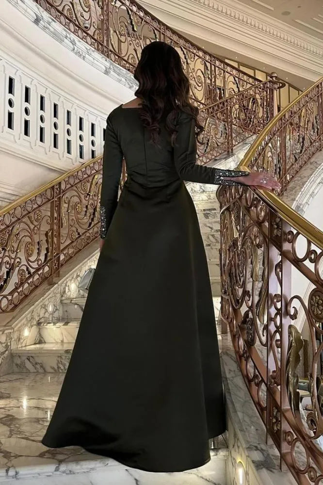 Fashion Square Neck Long Sleeves A-Line Pleated Floor-Length Evening Dress