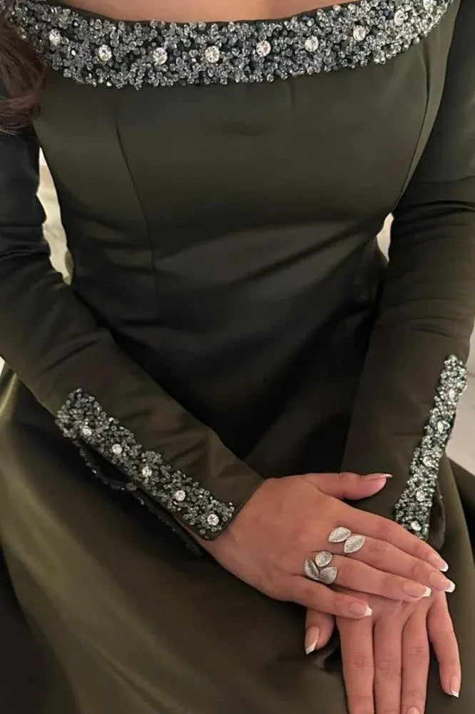 Fashion Square Neck Long Sleeves A-Line Pleated Floor-Length Evening Dress