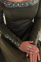 Fashion Square Neck Long Sleeves A-Line Pleated Floor-Length Evening Dress