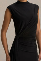 Fashionable Mermaid Mock Neck Cap Sleeve Draped Side Back Slit Floor Length Evening Dress