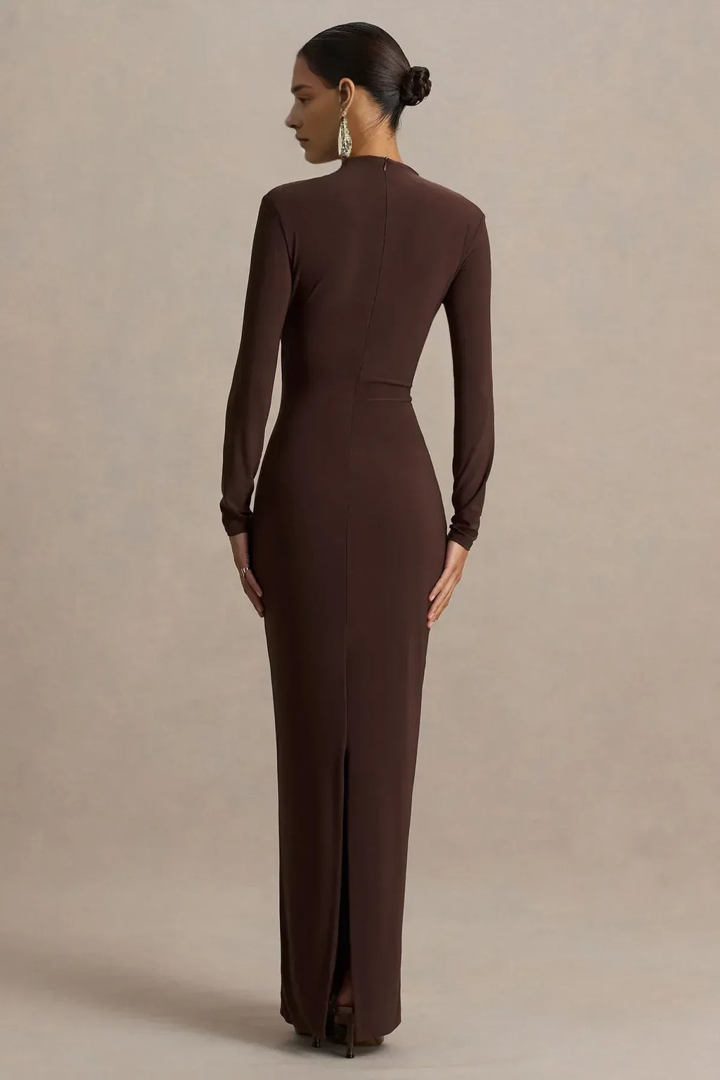 Fashionable Sheath High Neck Long Sleeve Ruched Back Floor Length Evening Dress