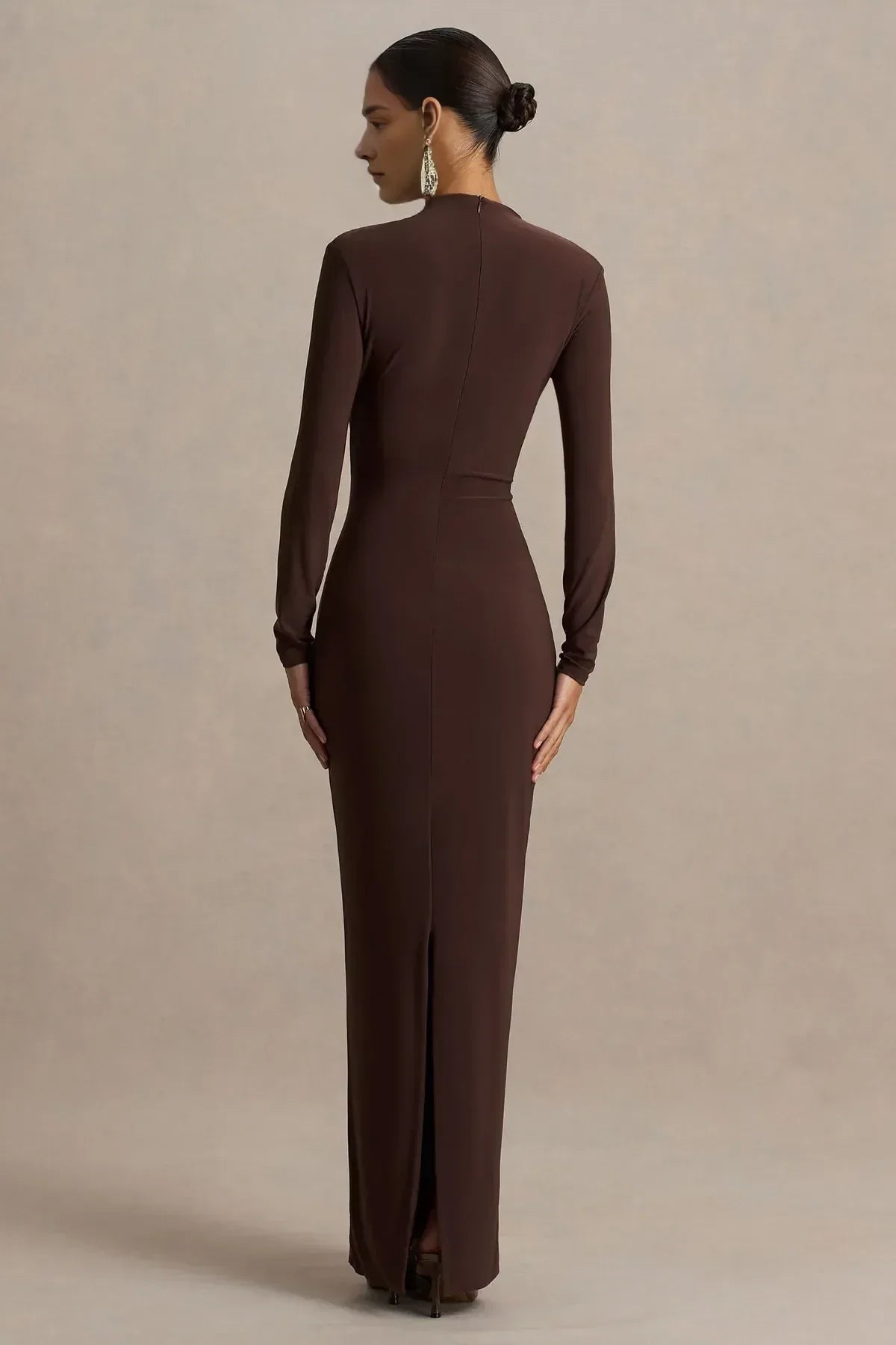 Fashionable Sheath High Neck Long Sleeve Ruched Back Floor Length Evening Dress
