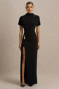 Fashionable Sheath High Neck Short Sleeve Ruched Back Floor Length Evening Dress