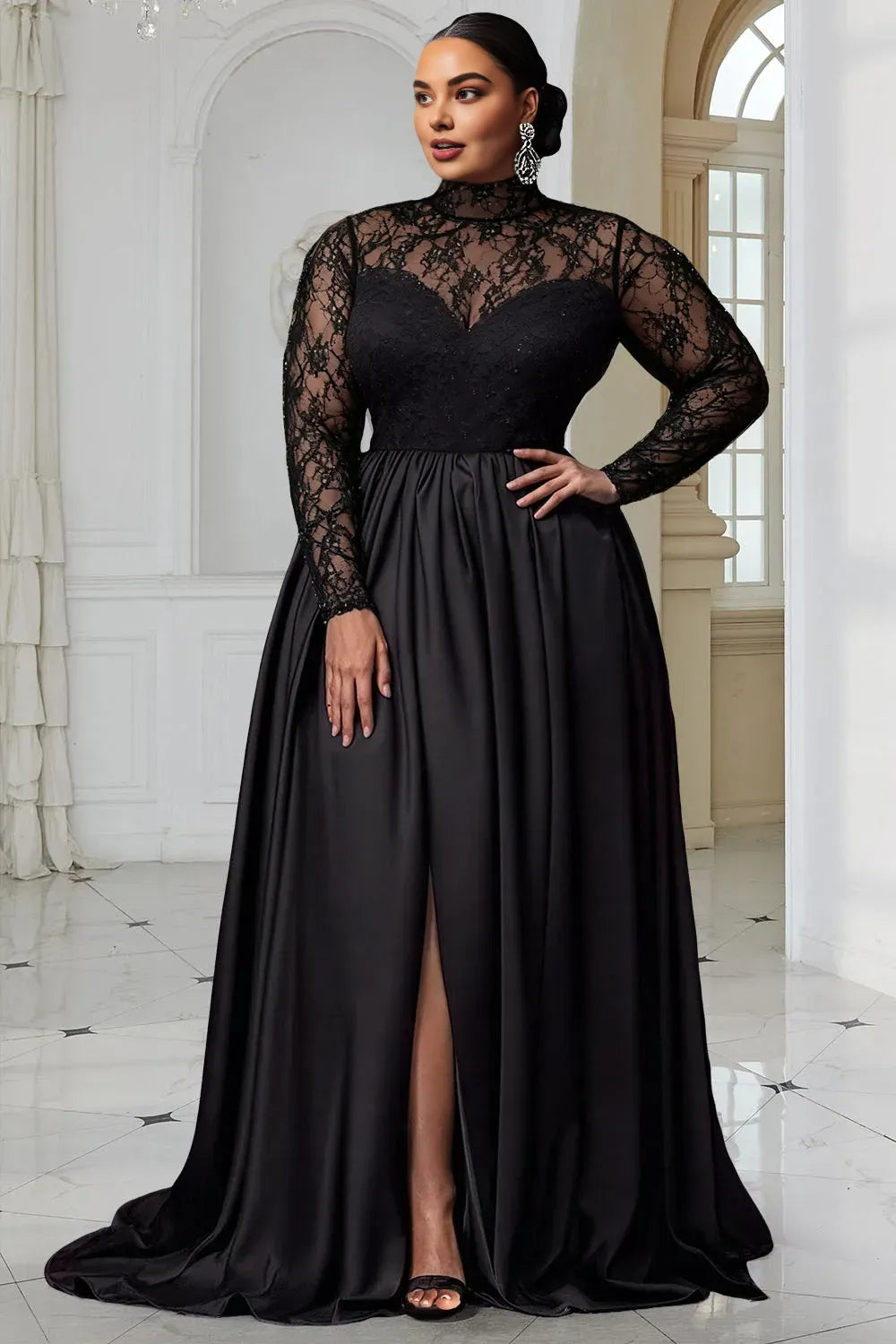 A-Line High Neck Long Sleeve Split Floor Length Prom Dress
