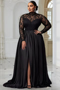 A-Line High Neck Long Sleeve Split Floor Length Prom Dress
