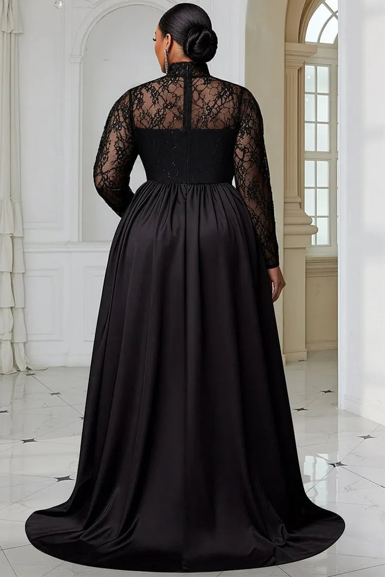 A-Line High Neck Long Sleeve Split Floor Length Prom Dress