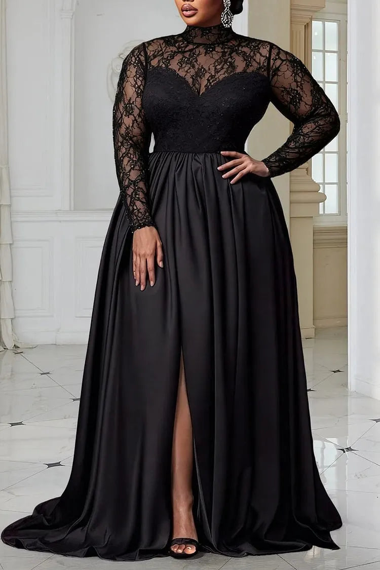 A-Line High Neck Long Sleeve Split Floor Length Prom Dress
