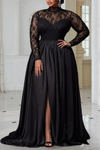 A-Line High Neck Long Sleeve Split Floor Length Prom Dress