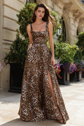 A-Line Square Neck Sleeveless Leopard Print Floor-Length Prom Dress