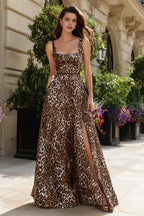 A-Line Square Neck Sleeveless Leopard Print Floor-Length Prom Dress