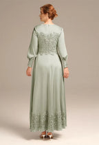 A-line Bateau Neck Long Sleeves Pleated Ankle Length Mother of the Bride Dress