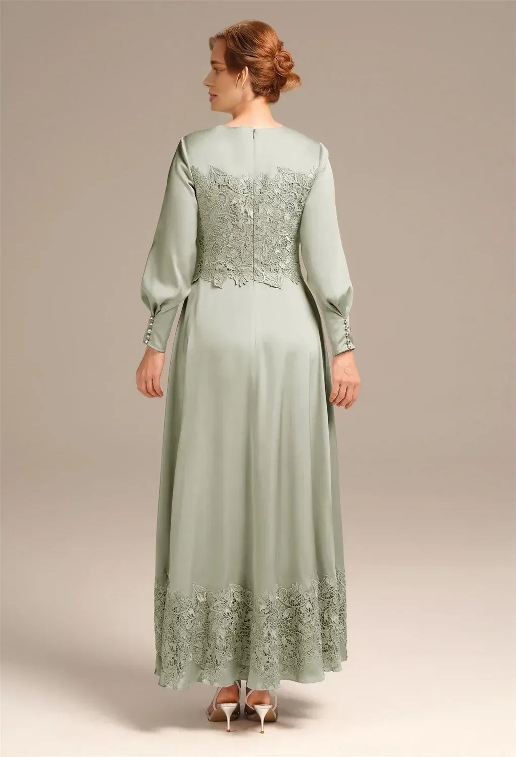 A-line Bateau Neck Long Sleeves Pleated Ankle Length Mother of the Bride Dress