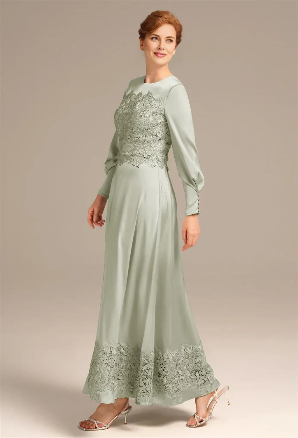 A-line Bateau Neck Long Sleeves Pleated Ankle Length Mother of the Bride Dress