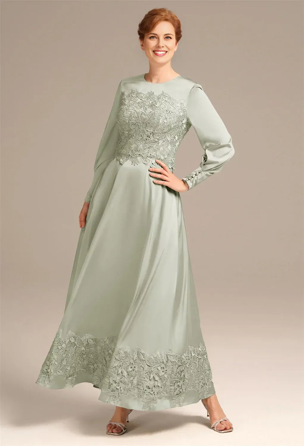 A-line Bateau Neck Long Sleeves Pleated Ankle Length Mother of the Bride Dress