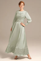 A-line Bateau Neck Long Sleeves Pleated Ankle Length Mother of the Bride Dress