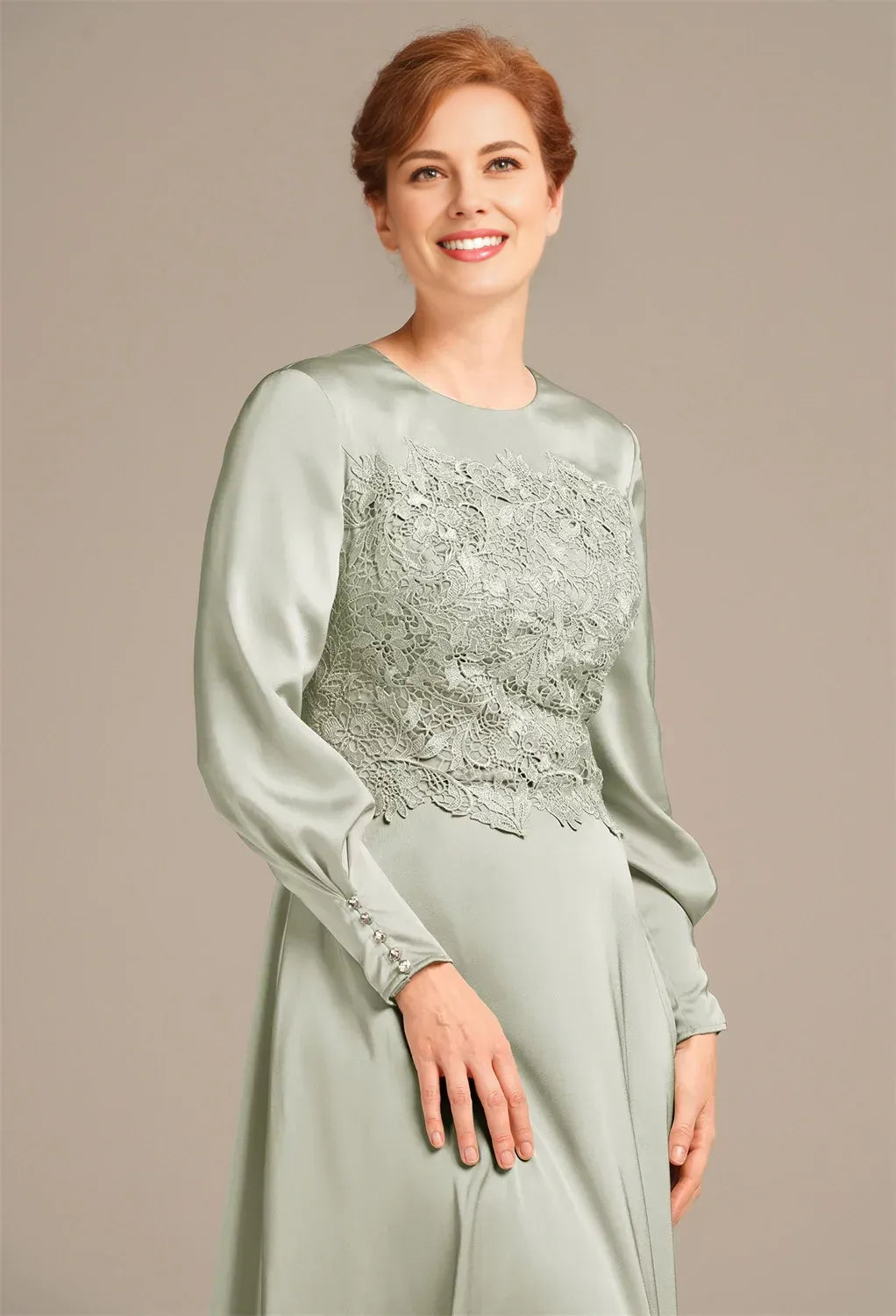 A-line Bateau Neck Long Sleeves Pleated Ankle Length Mother of the Bride Dress