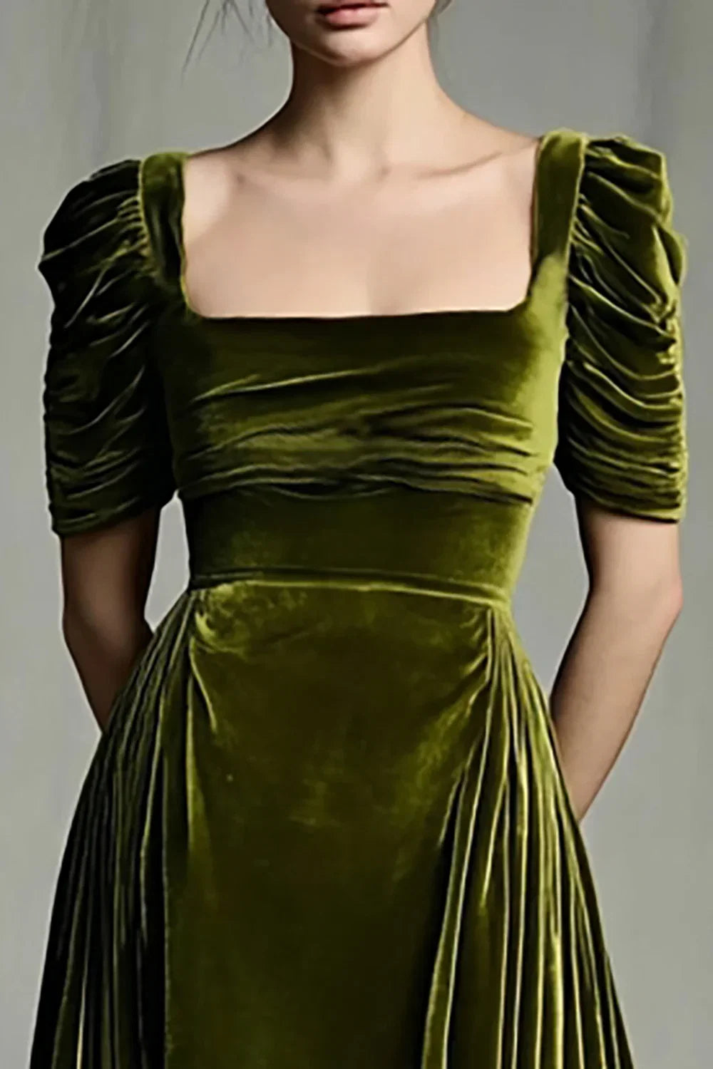 A Line Square Neck Short Sleeve Sweep/Brush Train Prom Dress