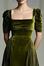 A Line Square Neck Short Sleeve Sweep/Brush Train Prom Dress