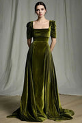 A Line Square Neck Short Sleeve Sweep/Brush Train Prom Dress