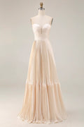 A Line Strapless Sleeveless Pleated Floor-Length Prom Dress