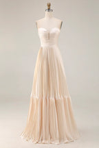 A Line Strapless Sleeveless Pleated Floor-Length Prom Dress