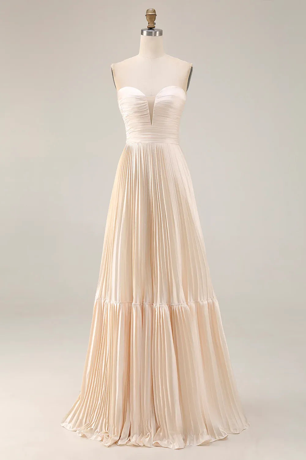 A Line Strapless Sleeveless Pleated Floor-Length Prom Dress