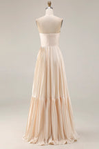 A Line Strapless Sleeveless Pleated Floor-Length Prom Dress