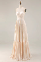 A Line Strapless Sleeveless Pleated Floor-Length Prom Dress