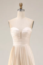 A Line Strapless Sleeveless Pleated Floor-Length Prom Dress