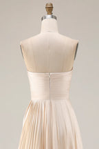 A Line Strapless Sleeveless Pleated Floor-Length Prom Dress