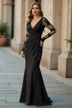 Mermaid V-Neck Long Sleeves Appliques Floor-Length Mother Of The Bride Dress