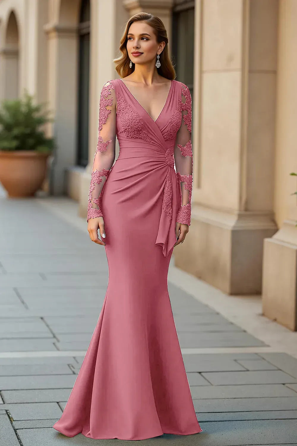 Mermaid V-Neck Long Sleeves Appliques Floor-Length Mother Of The Bride Dress