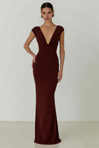 Mermaid V-Neck Short Sleeves V Back Pleated Floor-Length Prom Dress